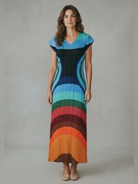 Kelly Obi Plisse Pleated Midi Dress Size S Multicolor Stretch Casual Summer